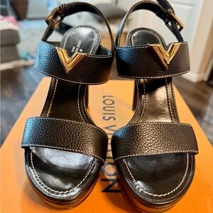 Louis Vuitton Black Sandals with Gold Accents